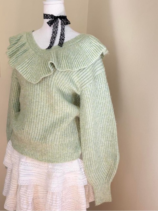 Coquette lolita ruffle babydoll collar balloon sleeve knit sweater green Japan M - Picture 4 of 10
